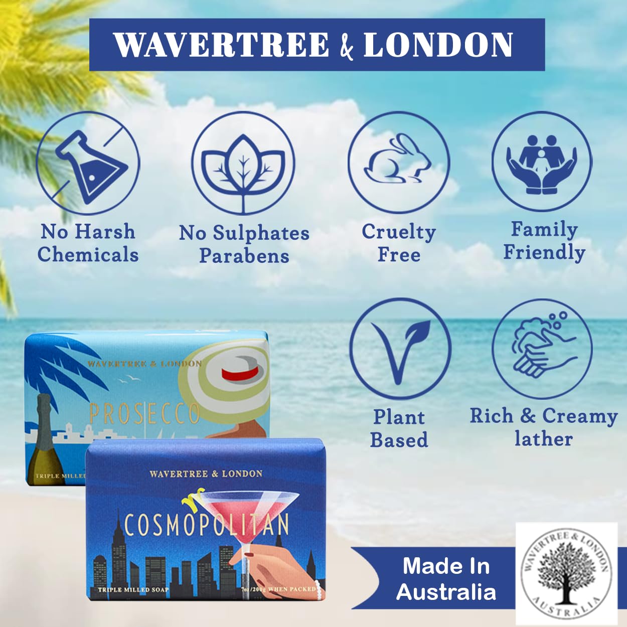 Wavertree & London Duo Gift Box (2 Bars) - 7oz Prosecco, Cosmopolitan Scented Moisturizing Triple Milled Natural Soap Bars - Pure Plant Oil Soap Bars for All Skin Types