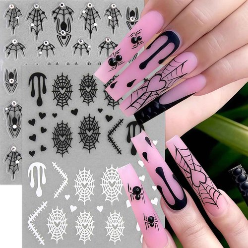 8 Sheets Spider Nail Art Stickers Halloween Ghost Nail Decals 3D Self-Adhesive Black White Heart Spider Web and Rhinestones Spiders Nail Design Acrylic Nails Decoration for Women Holiday Nail Charm