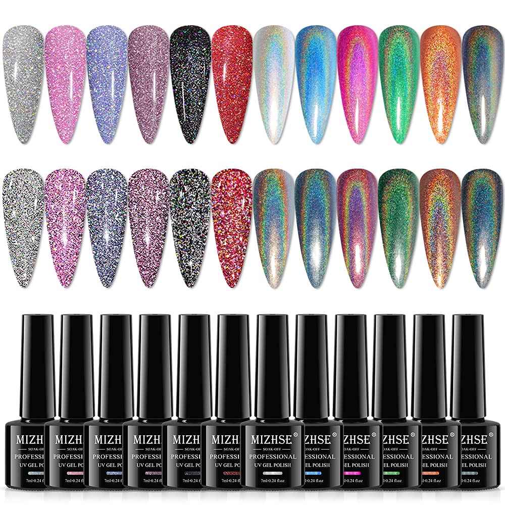 MIZHSE 6 Glitter Gel Nail Polish， 6 Holographic Gel Nail Polish, Sparkle Shiny Glitter Gel Polish Glossy Nail Lacquer Rainbow Iridescent Nail Pigment Soak Off Nail Art Gift for Ladies