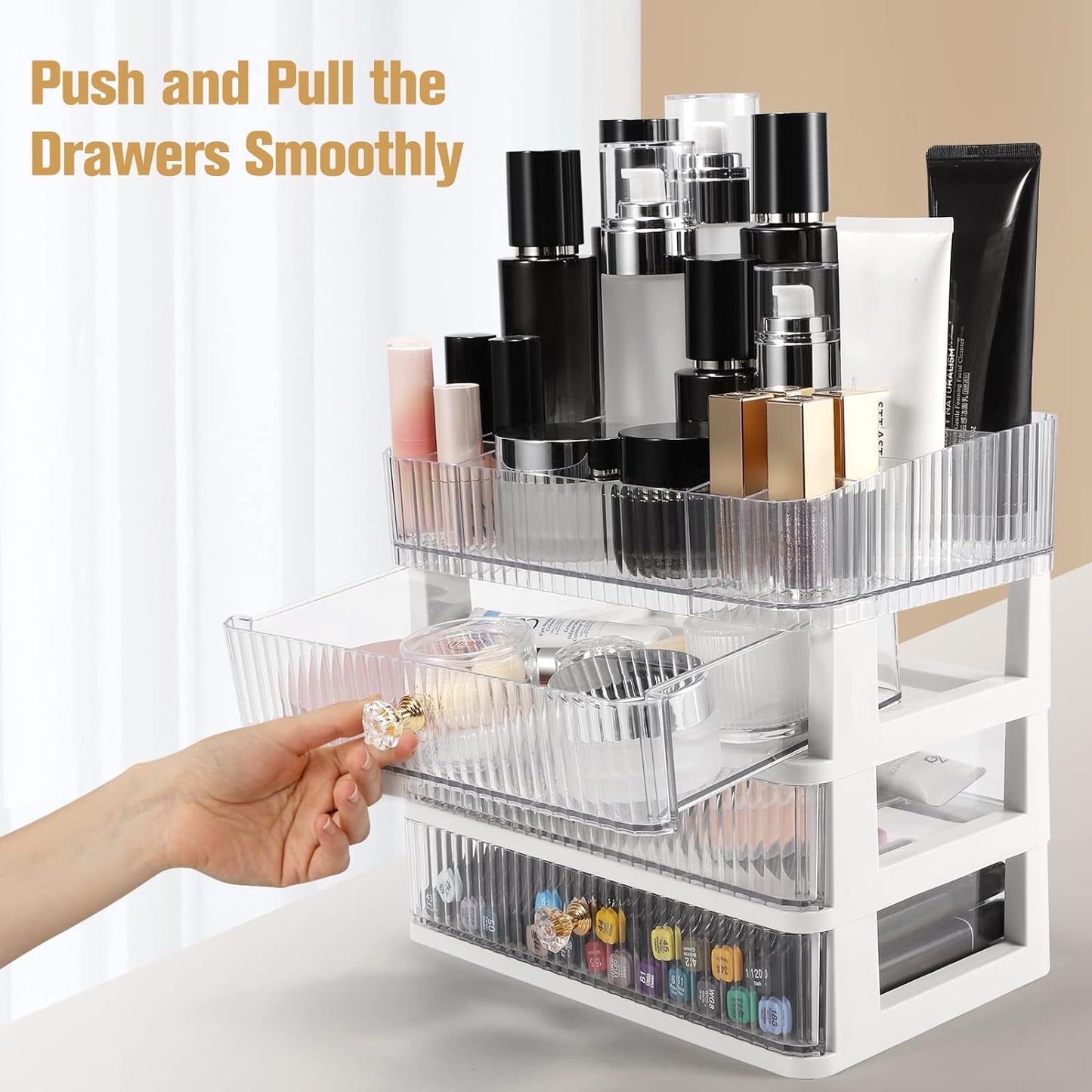 Kroshine Makeup Organizer with 3 Drawers, Countertop Organizer for Cosmetics, Desk Storage Holder for Lipstick, Brushes, Eyeshadow, Nail Polish and Jewelry (Large Capacity, Clear)