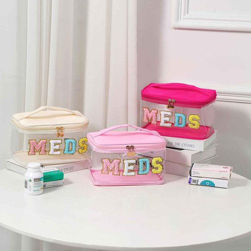 Chenille Letter Clear Medicine Makeup Bag, Large Size Waterproof Nylon Cosmetic Toiletry Storage bag with Top Handle, Transparent Meds First Aid Travel Organizer Cosmetic Bag(02Light Pink)