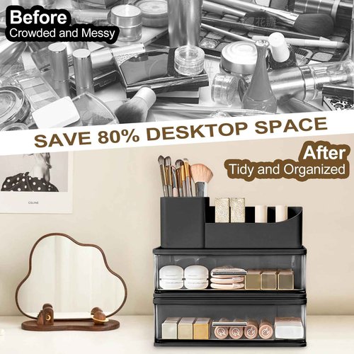 DASITON Makeup Organizer for Vanity with 2 Drawers, Stackable Cosmetic Organizer with Makeup Brush Holder, Plastic Bathroom Organizer Skincare Storage for Brushes, Eyeshadow, Lotions, Lipstick (Black)
