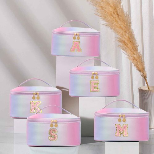 Meiyuuo Large Makeup Bag Portable Preppy Rainbow Colour Travel Pro Cosmetic Pouch Cute Cow Print Personalized Toiletry Organizer with Removable Divider for Women Initials Letter A Gradient Pink