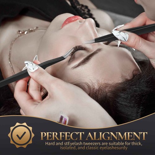 KLDKUST Stainless Steel Eyelash Extension Tweezers (Straight & Curved Tip) & Eyelash Brushes (4PCS, Black) for Eyelash Extension Applications