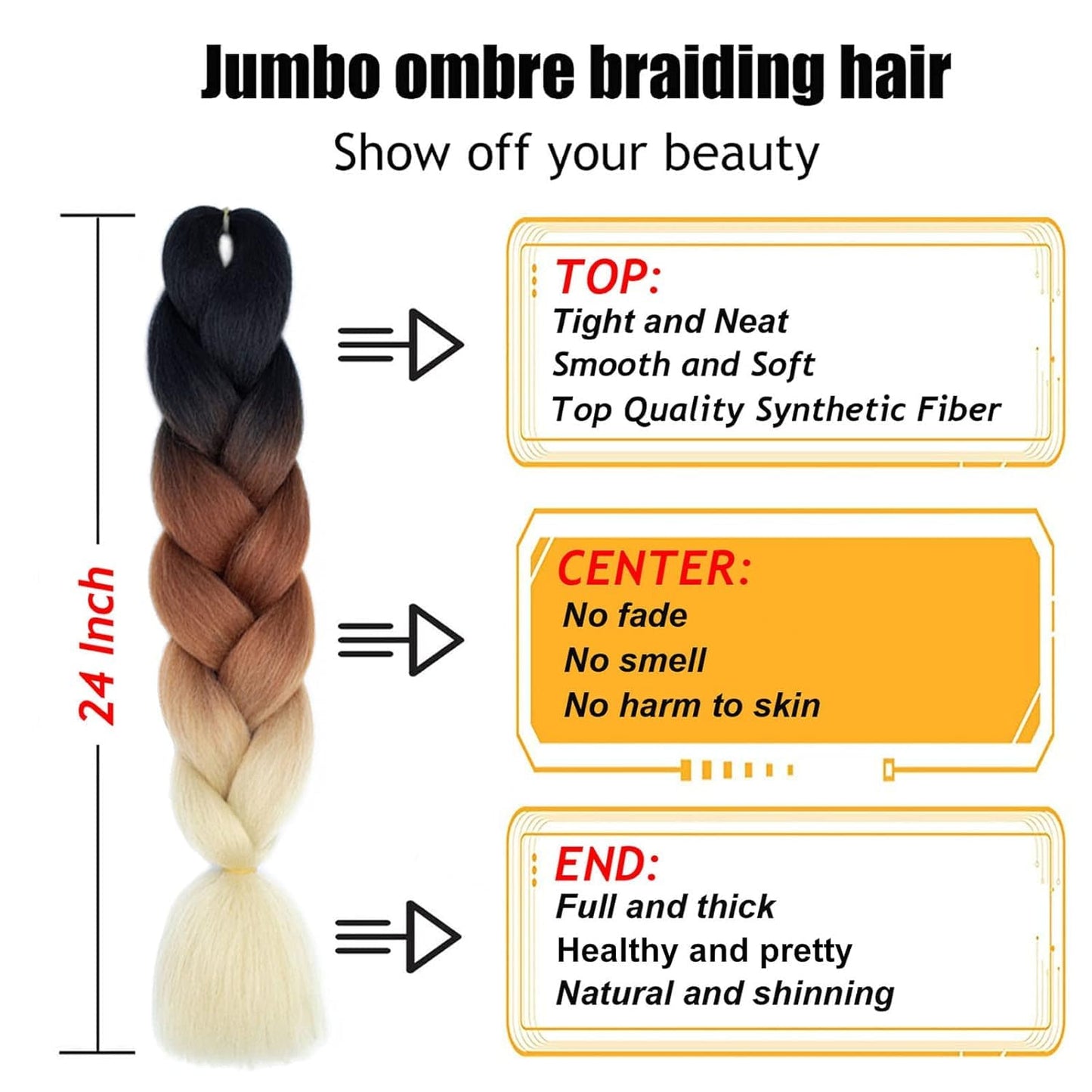 Ombre Braiding Hair Extensions for Women 6 Packs/24 Inch Braiding Hair Fiber Crochet Hair for Box Braids Senegal Twist Hair Extensions(24" (Pack of 6),black/1#)