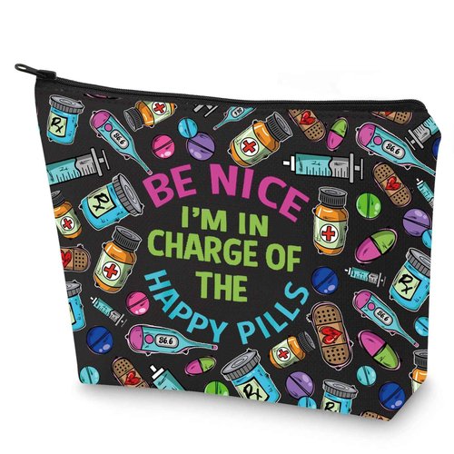 G2TUP RX Pharmacy Technician Funny Makeup Bag I am in Charge of the Happy Pills Gift for Pharmacy Graduation (Be Nice I am New)