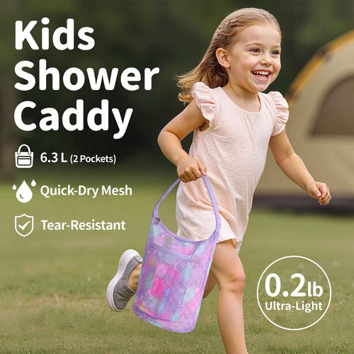 BrainyBees Kids Shower Caddy Mesh – Small Kids Toiletry Bag Girls Shower Bag Portable, Collapsible Camp Dorm Gym Travel Bathroom Essentials Gift, Purple Mermaid