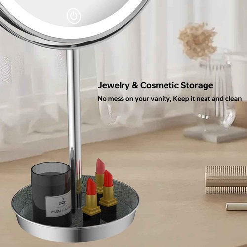 LANSI 8" Lighted Makeup Mirror with 3 Color Lights and 1X 10X Magnification, Magnifying Vanity Mirror with Jewelry Holder and Storage Base, Dimmable,Touch Control, Chrome