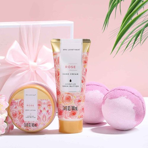 Spa Luxetique Spa Gift Baskets for Women, 12 Pcs Rose Presents Set with Bubble Bath, Bath Bombs, Body Lotion, Hand Cream, Christmas Gift Basket for Mom
