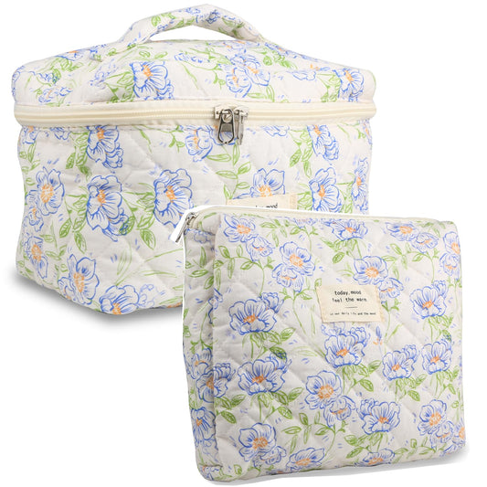 VIWIME Makeup Cosmetic Bag, Large Cotton Quilted Travel Coquette Aesthetic Cute Floral Make up Bag for Women Toiletry Bag Organizer(Green Leaf/2Pcs)