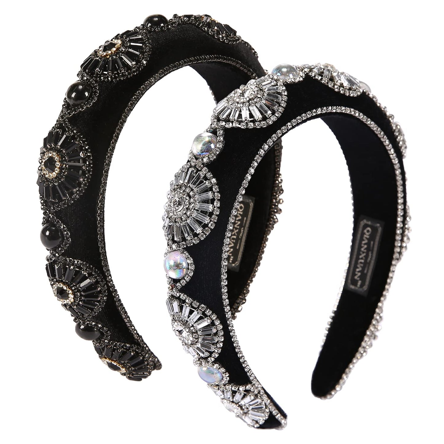 QIANXUAN Crystal Rhinestone Headbands For Women White Pearl Headbands For Girls Padded Headband Black Velvet Jewelry Chain Hairband Handmade Pearly Flower Retro Filling Diamond Hair Accessories