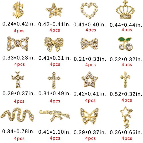 OPMADM 64 Pcs Gold Nail Charms and Gems Y2k Charms for Nails Design Metal Nail Jewels for Nail Art 3D Nail Bow Cherry Butterfly Star Cross Heart Money