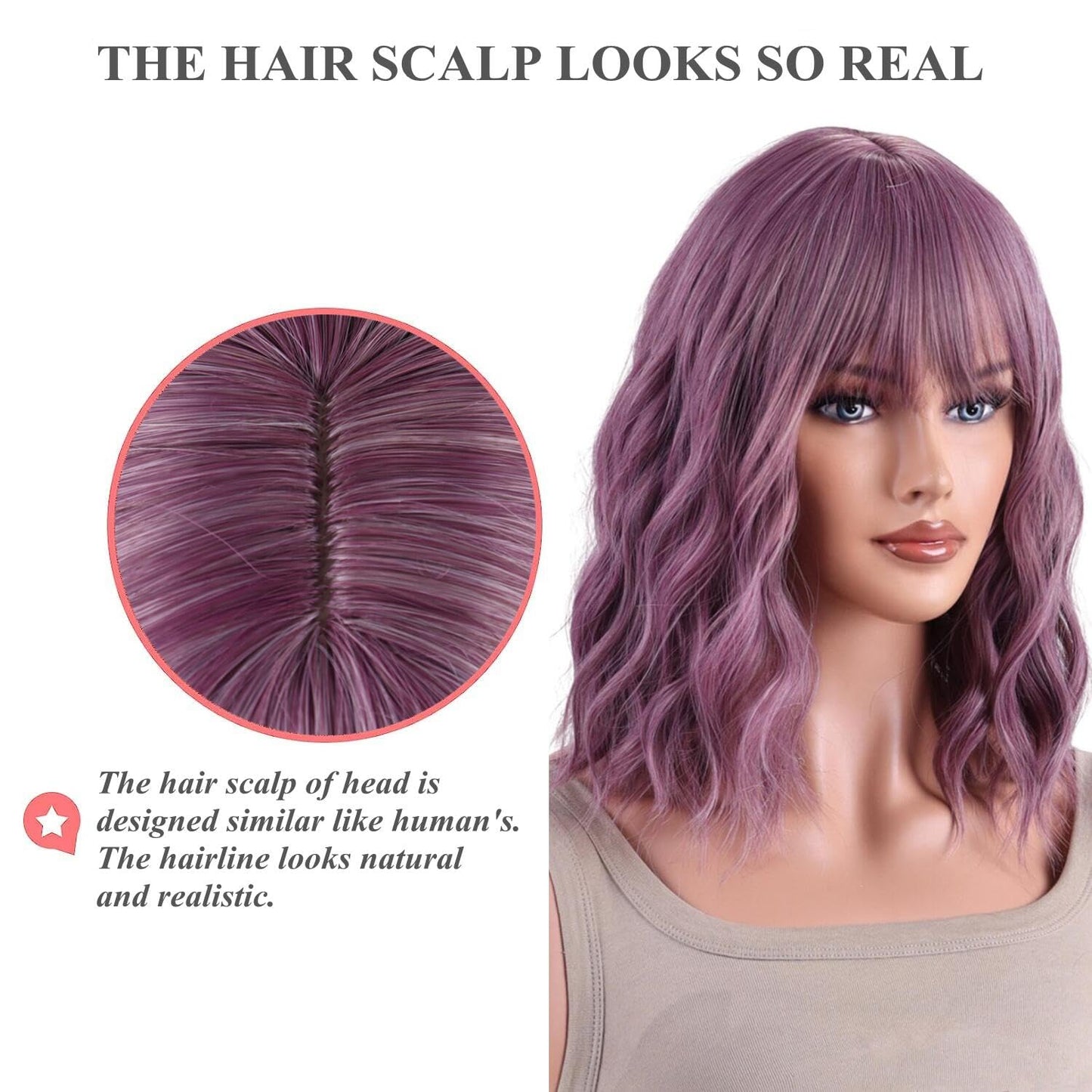 AneShe Purple Wig Short Purple Wavy Bob Wig for Women Curly Synthetic Hair Wig With Air Bangs Shoulder Length Colored Costume Wigs for Party Cosplay (14" Taro Purple)