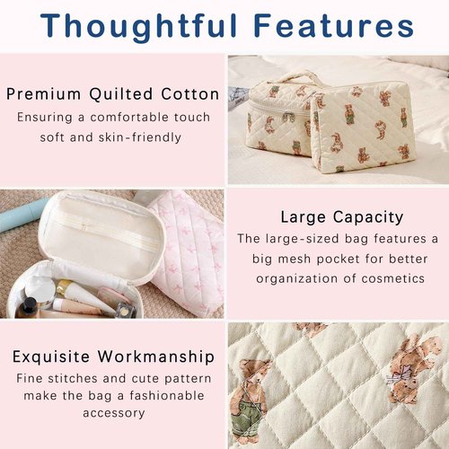 RSRSLEII 3Pcs Aesthetic Cotton Quilted Drawstring Makeup Bag Set, Aesthetic Cute Bow Makeup Pouch for Girls and Women, Aesthetic Travel Organized Cosmetic Bags for Purse(01Bear)