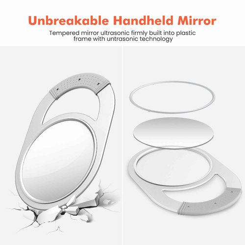 TASALON Unbreakable Hand Mirror, Hand Mirrors with Handle, Salon Barber for Hair, Anti-Slip Hand Held with Rubber Grip for Travel, Makeup, Shaving, Shower, Camping - Silver