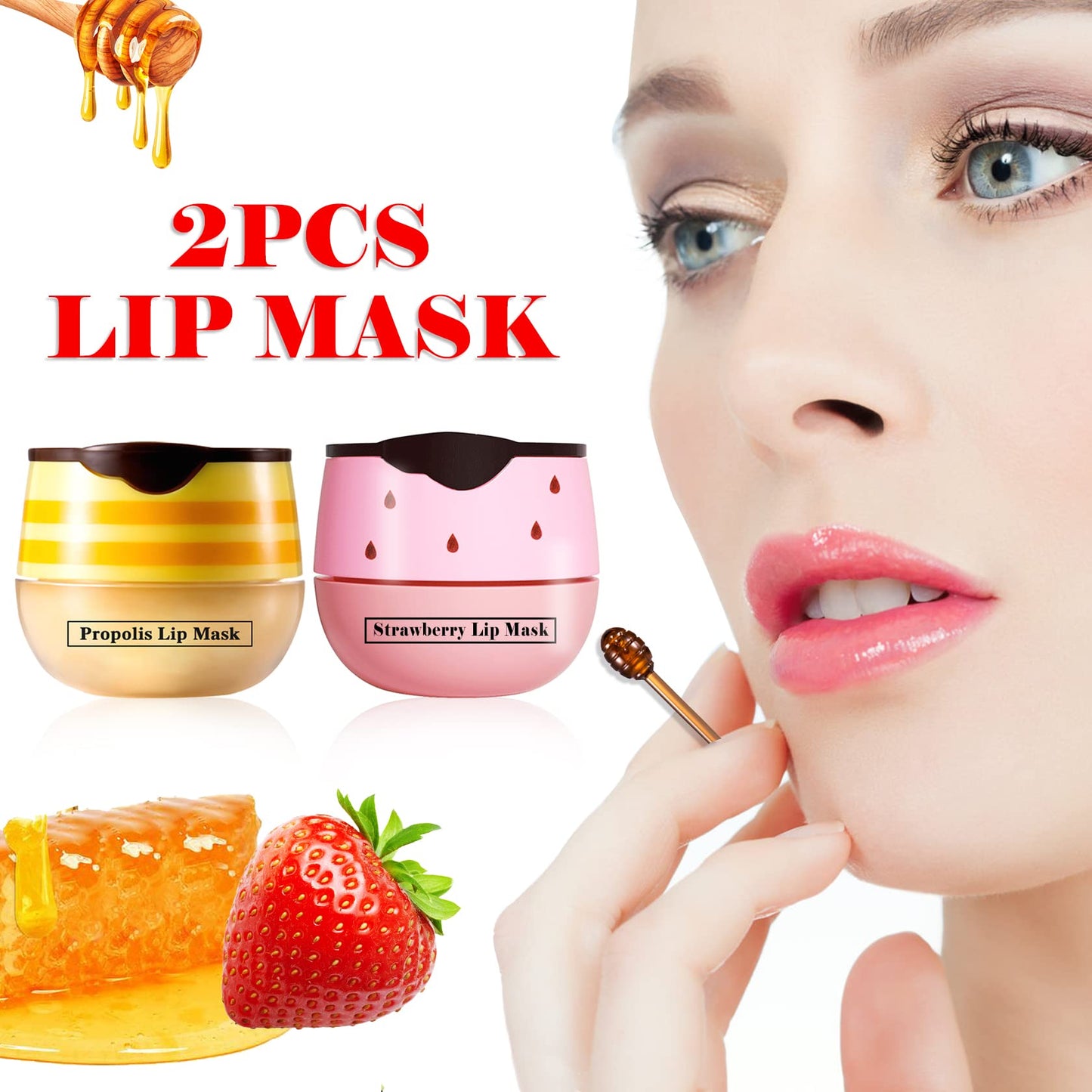 QIUFSSE Bee Lip Balm Honey Pot Strawberry & Honey Lip Masks for Dry Lips Bee Balm for Lip Care Lip Moisturizing Cracked Lip Scrubs Exfoliator（2PCS）