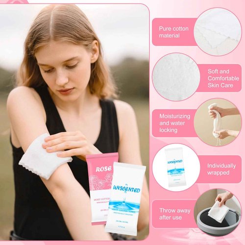 Moist Towelettes, Disposable Pre Moistened Towels Individually Wrapped, Soft Portable Face & Body Wet Towels for Travel Hotel Sport Camping Spa 9.8 x 9.8 inch, Rose & Fresh (100 Pack)