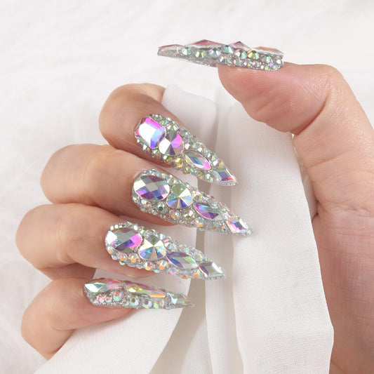 Kaquee-Really Handmade Press on Nails Long,Luxury Golden Stiletto Fake Nails Y2k,Glue Stick on Nails with Butterfly Bling Rhinestones,Nail Art Gifts for Women Girls (Silver, XS)