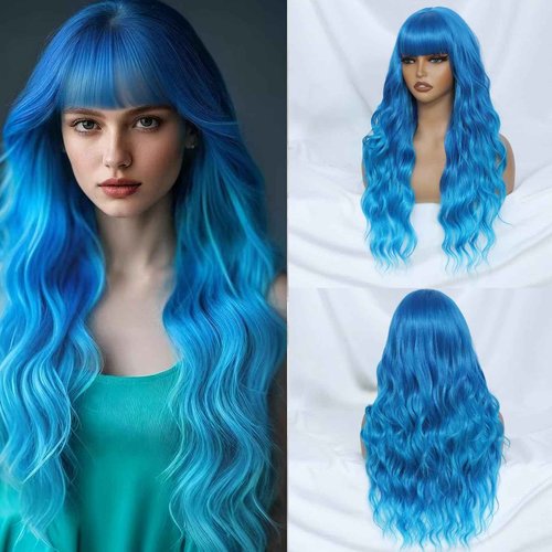 Ombre Blue Wig with Bangs for Women, Long Wavy Blue Wig 26 Inch Wigs Heat Resistant Synthetic Colorful Wig