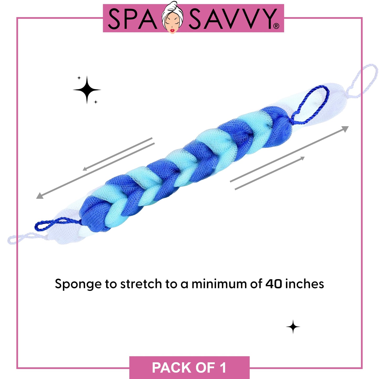 Spa Savvy Bath Loofah Body Scrubber with Rope Handles, Long Stretch Shower Back Sponge, Back Scrubber Mesh Exfoliating Braided Body Scrub for Men and Women, Blue