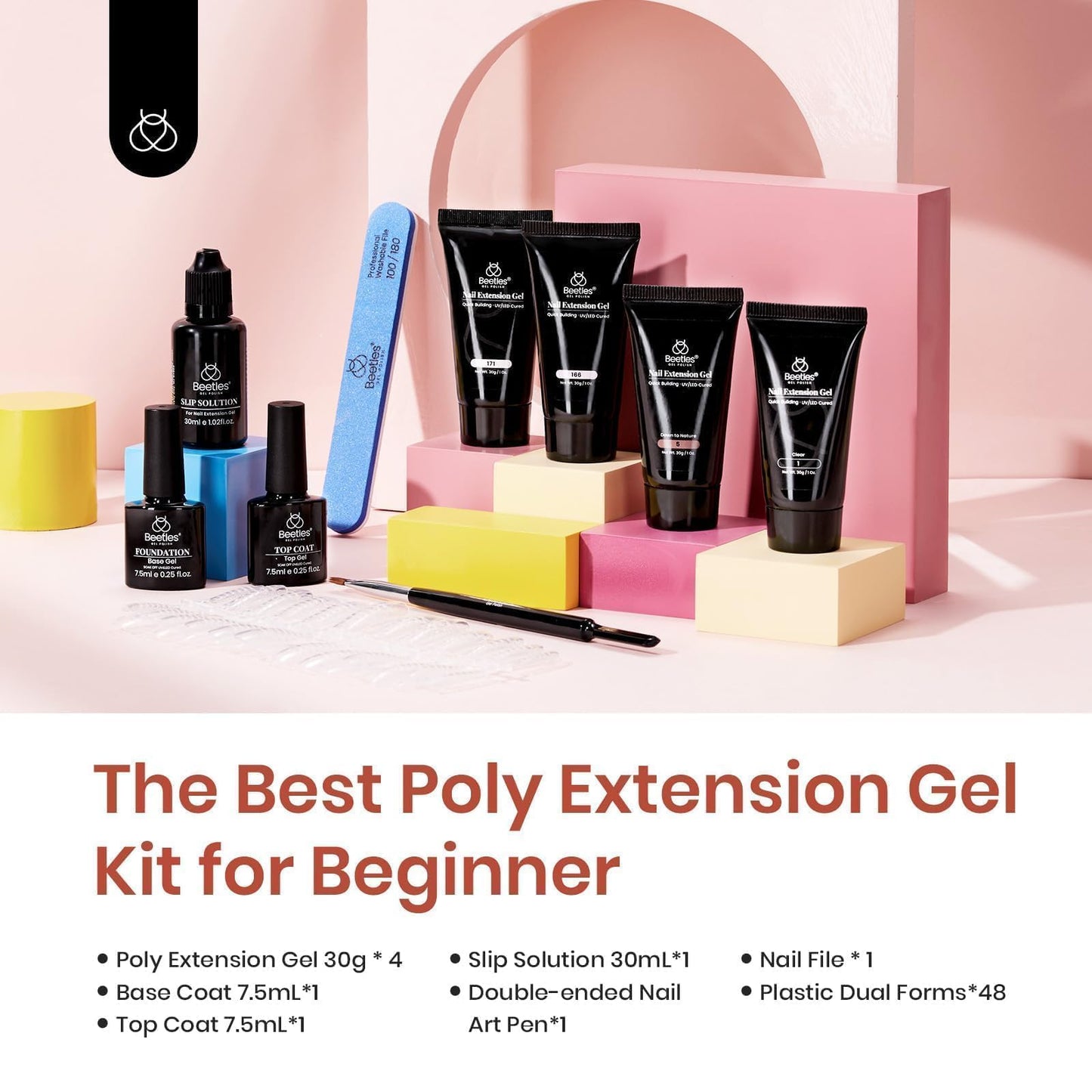 Beetles Poly Nail Extension Gel Kit 4 Colors 1 Oz Clear Jelly Pink Poly Builder Nail Gel with Poly Brush Dual Forms Tyro Nail Salon All-in-One French Kit Easy DIY Home