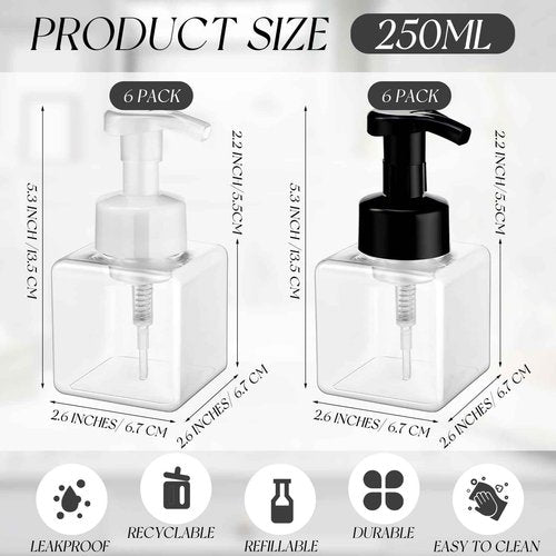 Domensi 12 Pcs Foam Pump Bottle Foaming Soap Dispenser Empty Travel Foaming Dispenser 8.5 oz Refillable Hand Soap Plastic Pump Bottle Travel Clear Container for Bathroom Vanities (Black,White)