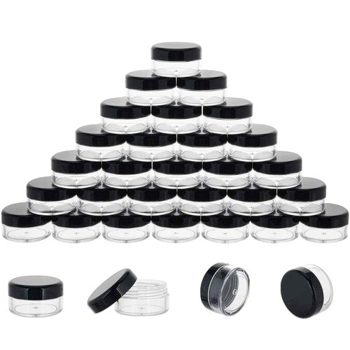 10 Gram 100 Count Sample Containers, Small Plastic Containers with Lids, Empty Sample Jars with Labels and Mini Disposable Spatulas(Black Lid)