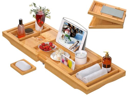 Bamboo Bathtub Caddy Tray Expandable for Luxury Bath, Bath Accessories & Table with Wine Glass Holder, Book Stand Bathroom Organizer with Extending Sides for Men/Women,Natural