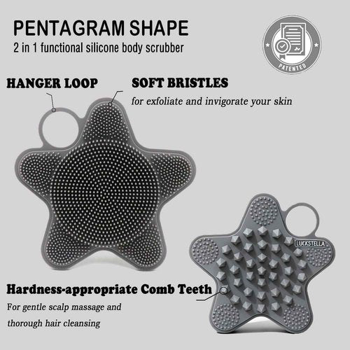 LUCKSTELLA 2 in 1 Silicone Body Scrubber, Food-Grade Silicone Body Brush for Shower, Gentle Exfoliating and Lather Well, Gentle Scrubber for Sensitive Skin, Easy-to-Clean(Grey,1-Pack)