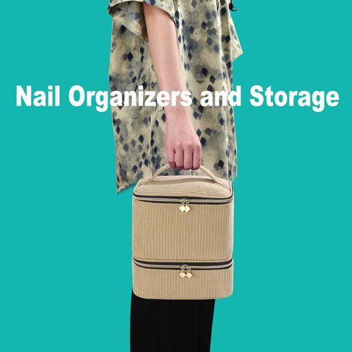 Corduroy Nail Polish Organizer and Nail Lamp Case, Nail Kit Organizer Holds 30 Bottles (15ml - 0.5 fl.oz) and a Nail Lamp, Nail Polish Carrying Case with Manicure Tools Storage Sections (Brown)