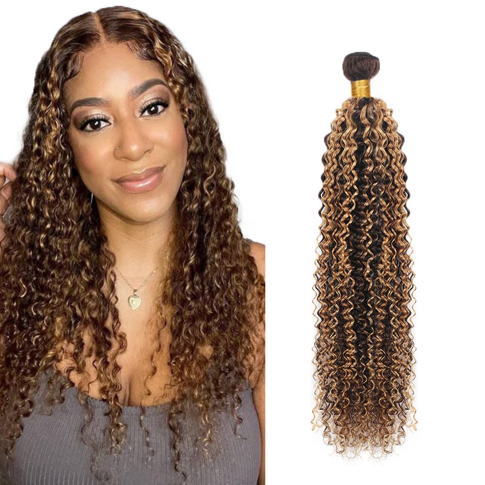 Highlight Kinky Curly Bundles Ombre Human Hair Bundle Real Peruvian Virgin Brown Curly 1 Bundle 12 Inch P4/27 Human Hair Bundles Ombre 2 Tone Honey Blonde and Brown Human Hair Bundles