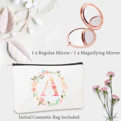 Personalized Gift Initial Compact Mirror w Makeup Bag for Women Sister Daughter Mom Wife, Floral Monogram Alphabet Small Mirror Ideal Gift on Birthday, Christmas, Graduation (A + Bag, ROSE GOLD)
