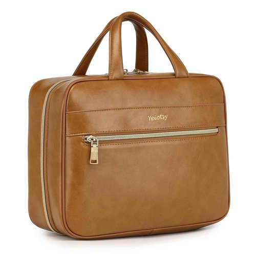 Yeiotsy Hanging Toiletry Bag - Waterproof Vegan Leather Organizer with Wet-Dry Compartments, Foldable Design for Camping, Gym & Business Travel (Brown, Large)