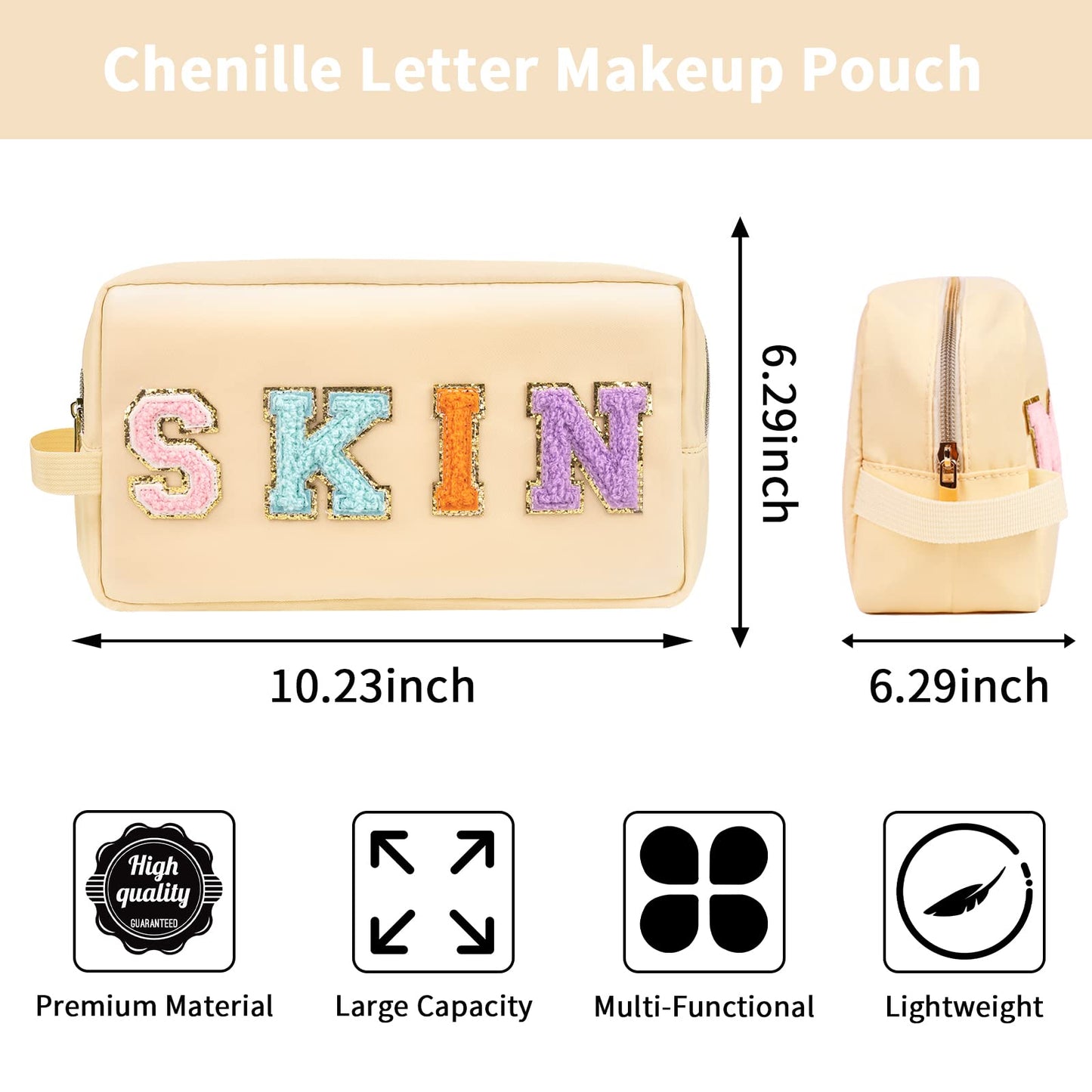 Iqimott Preppy Patch Makeup Bag, Chenille Letter Makeup Pouch Small Toiletry Bag for Women Girls, Nylon Organizer Zipper Pouch Cosmetic Purse for Travel(Beige Skin)