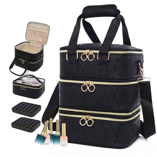 Wifeassistant 3 Layers Nail Polish Organizer Bag - Holds 60 Bottles,Portable Travel Case with Shoulder Strap,Nail Tech Kit Storage,Versatile Cosmetics Case,Detachable,Waterproof,Gifts for Women