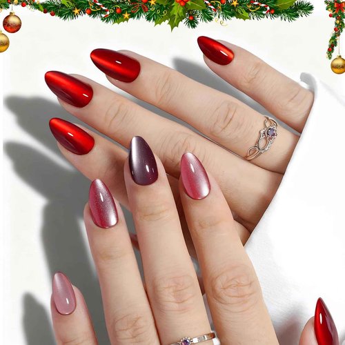ELSAGIRL 5 Styles Red Cat Eye Press on Nails, 160PCS 16 Sizes Short Almond, Soft Gel Fake Nails for Women Girl Gift& Daily Wear,Christmas