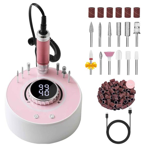 Qinvone Electric Nail Drill File, Professional 40000RPM Nail E-File Drill, Rechargeable Cordless Nail Drill with Bits & Base for Acrylic Nails Remove Nail Gel Polish Manicure for Home Salon Use (Pink)