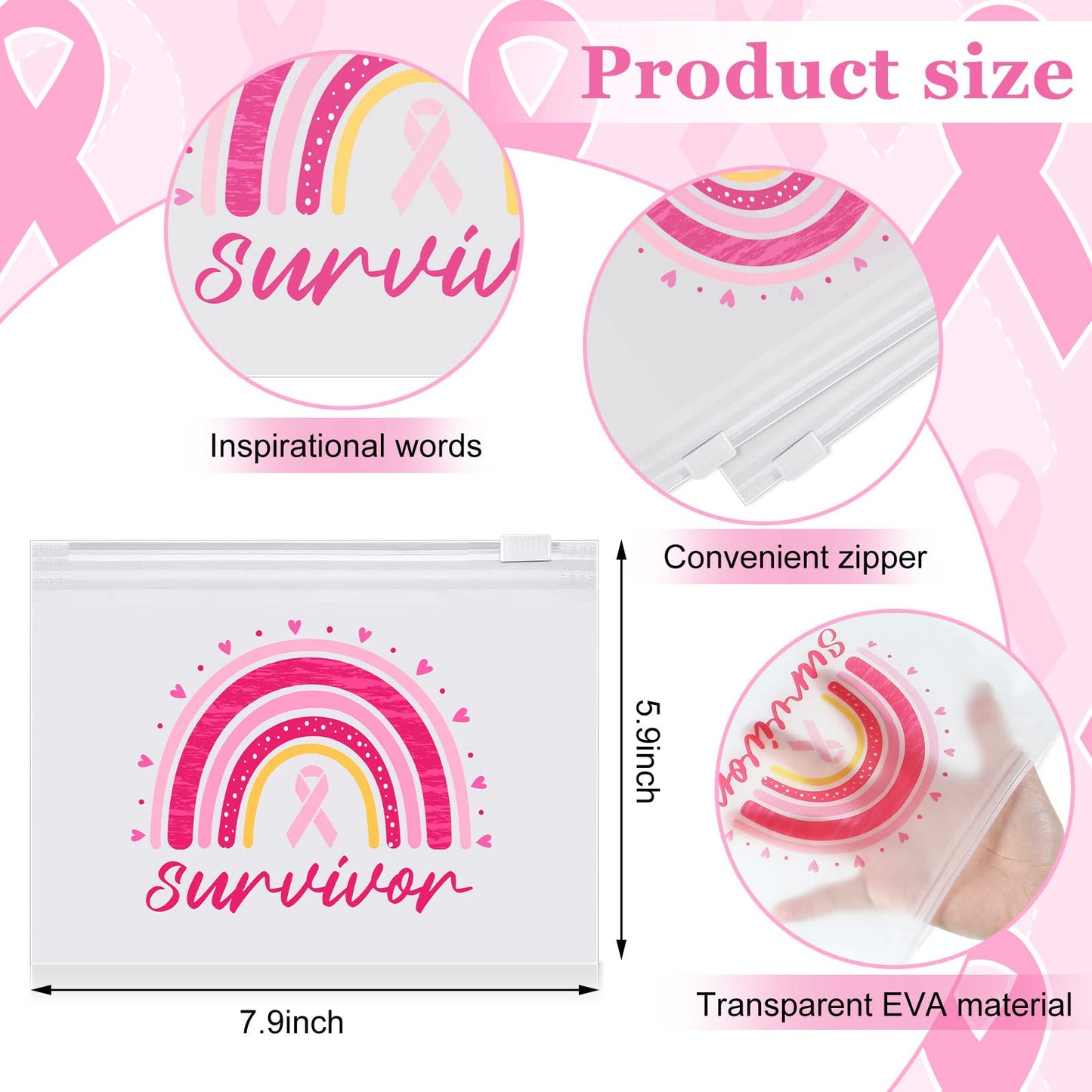 60 Pcs Breast Cancer Awareness Makeup Bags Pink Ribbon Cosmetic Pouches Breast Cancer Survivor Gifts for Women Girls Travel Toiletry Bag Multi Purpose Zipper Pouch Cosmetic Bags (Pink, Elegant Style)