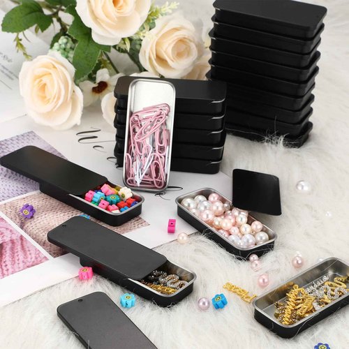 Norme 40 Pcs Small Slide Top Tin Lip Balm with Lids Rectangular Metal Containers for Lip Balm Candies Jewelry Crafts Pills Storage Kit(3.15 x 1.38 x 0.43 Inch,Black)