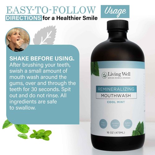 Living Well with Dr. Michelle Cool Mint Remineralizing Mouthwash | Hydroxyapatite & Colloidal Silver Formula | Alcohol-Free | Fluoride-Free Mouth Rinse