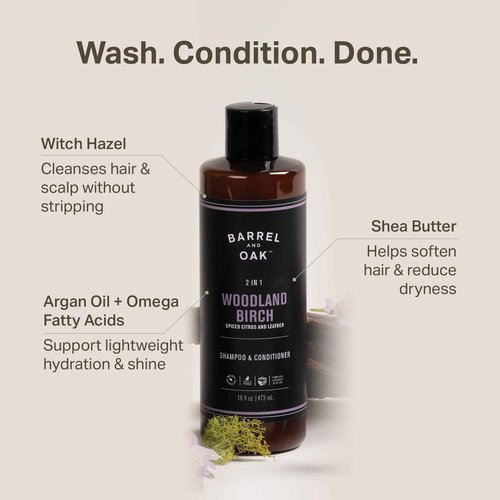 Barrel & Oak Woodland Birch Body Care Set for Men, All-in-One Body Wash, Exfoliating Bar Soap, & 2-in-1 Shampoo and Conditioner Set, Hydrating Grooming Kit, Vegan Gifts for Men, 3-Pack