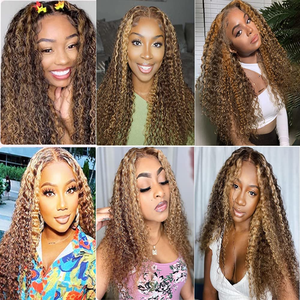 Highlight Kinky Curly Bundles Ombre Human Hair Bundle Real Peruvian Virgin Brown Curly 1 Bundle 12 Inch P4/27 Human Hair Bundles Ombre 2 Tone Honey Blonde and Brown Human Hair Bundles