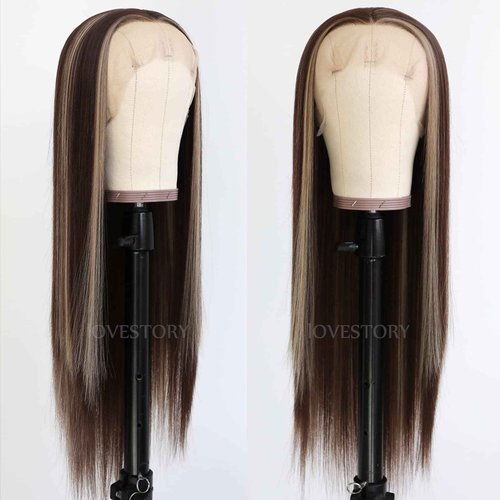 Lovestory Brown Hair Highlights 13x3 Synthetic Lace Front Wigs Long Straight Blonde Highlights Hair Wig Heat Resistant Synthetic Lace Front Wigs for Fashion Women