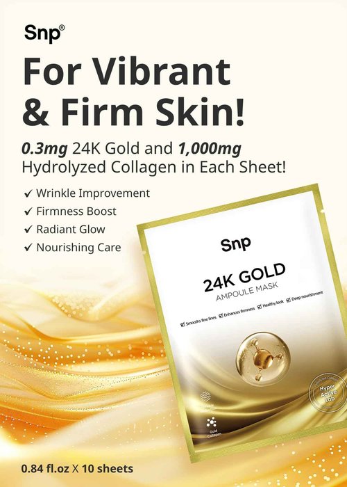 SNP 1000mg Collagen + 24K Gold Ampoule Sheet Mask | Collagen Face Masks Skincare | Tightening, Hydrating, and Nourishing | Korean Skin Care | Overnight Face Masks | Moisturizing Face Mask | 10 Sheets