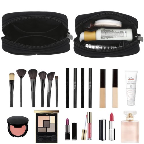 JINSI Small Makeup Bag for Purse, Quilted Travel Cosmetic Bag, Zipper Cosmetic Pouch Organizer Toiletry Bag, Make Up Bags for Women Girls, Black