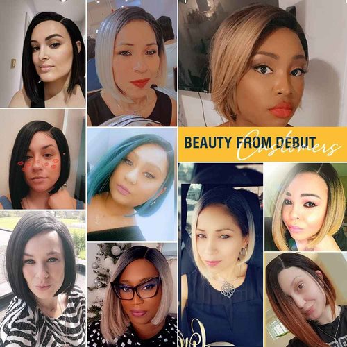 DÉBUT Asymmetrical Bob Wigs Ear to Ear Lace Front with Baby Hair Short Bob Simulated Scalp Lace Wig for Women Heat Resistant Fiber Synthetic Hair Side Parting Wig Highlight Ombre Brown Color