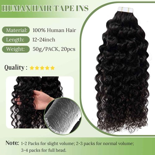 Curly Tape in Hair Extensions,14inch Natural Black Water Wave Real Human Hair Tape in Extensions 20pcs 50g Black Wavy Tape on Hair Extensions for Black Women