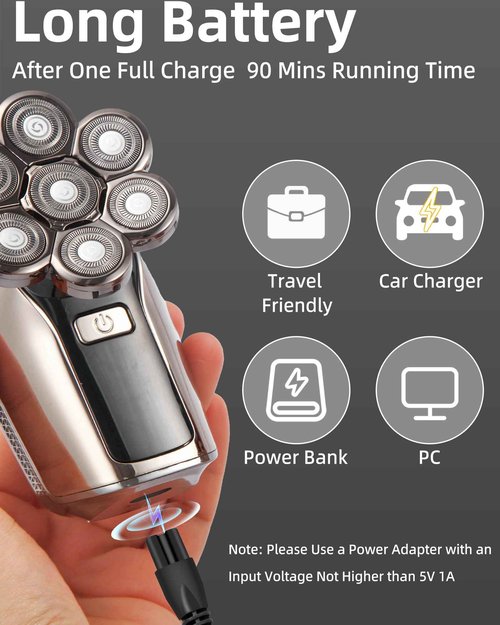 7D Electric Bald Shaver - 5-in-1 Dry/Wet Men's Head Shaver with Led Display & IPX7 Waterproof, Detachable, Rechargeable Razor