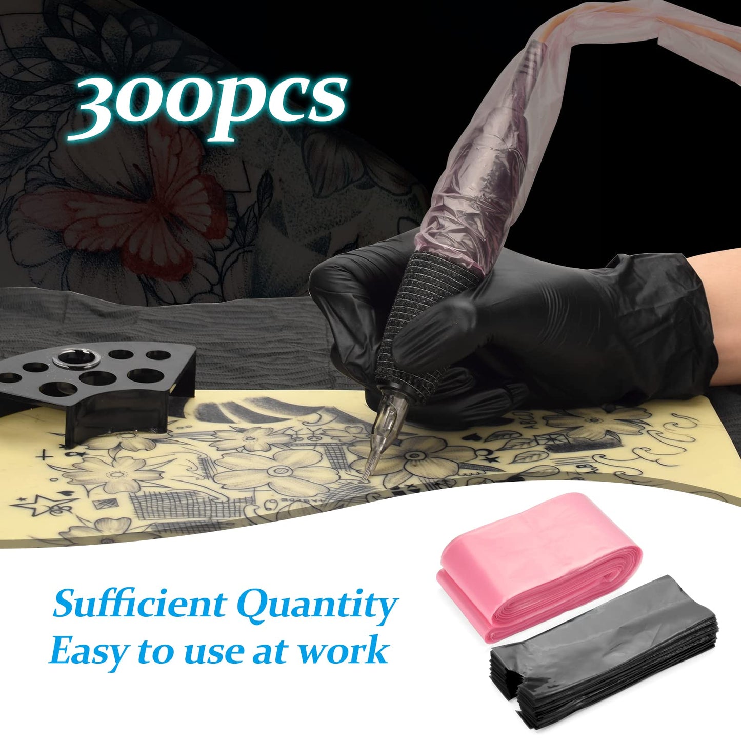 ATOMUS 200pcs Disposable Tattoo Pen Bag 100pcs Tattoo Clip Cord Bag with 2pcs Self-adhesive Bandage Plastic Cover Bags Tattoo Machine Accessories (Pink)