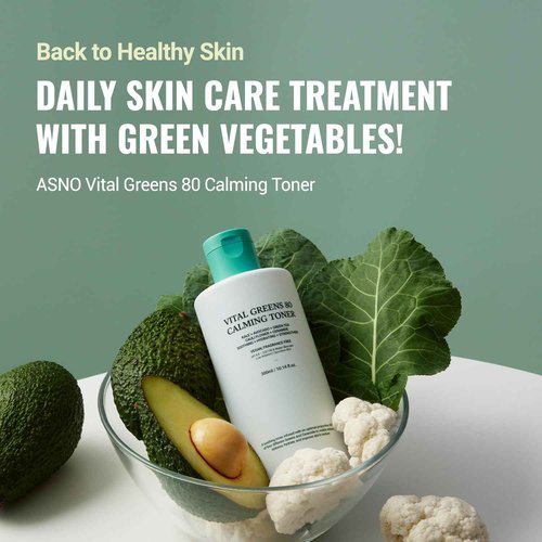 ASNO Vital Greens Calming Toner 300ml - Genderless Vegan Soothing Care for Acne, Pimple, Redness, Sensitive Skin, Superfood 80% + Ceramide, Hydrating Daily Facial Toner, Korean Skin Care